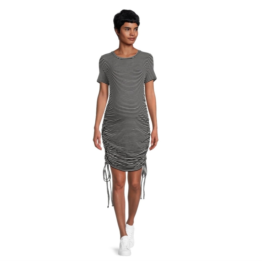 Destination Maternity Short Sleeve Side Ruched Ribbed Bodycon Dress | Stripe - Picture 5 of 11